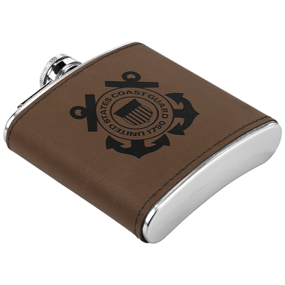 U.S. Coast Guard 6oz Flask – Laser Engraved Stainless Steel Pocket Flask with Rawhide Leatherette Wrap - BullyBellyDrinkware