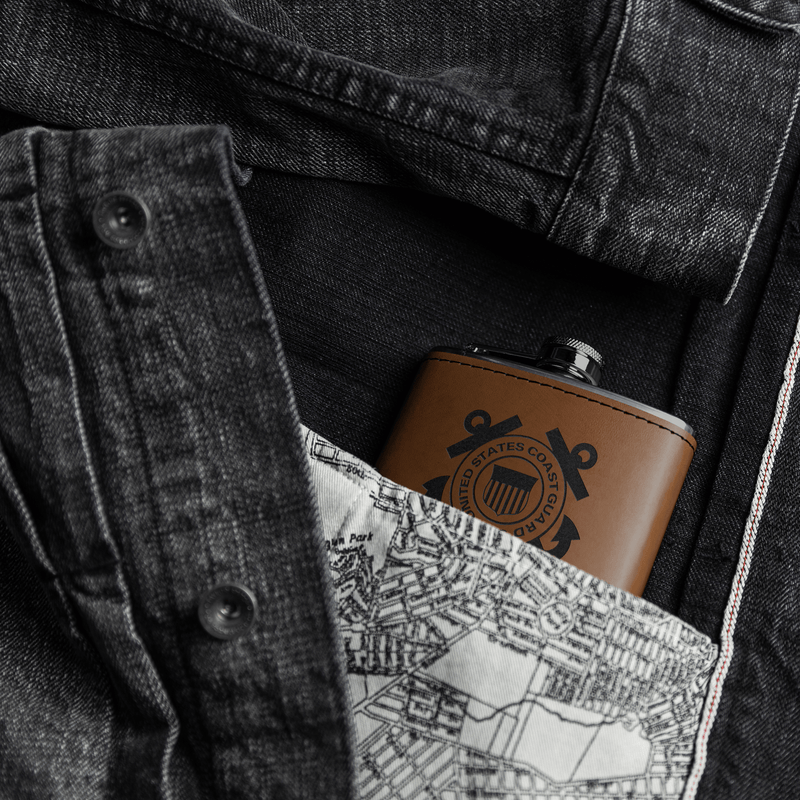 U.S. Coast Guard 6oz Flask – Laser Engraved Stainless Steel Pocket Flask with Rawhide Leatherette Wrap - BullyBellyDrinkware