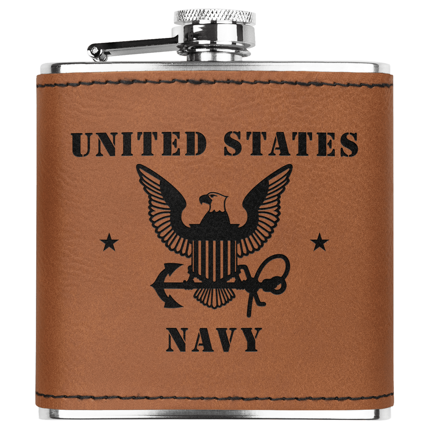 U.S. Navy 6oz Flask – Laser Engraved Stainless Steel Pocket Flask with Rawhide Leatherette Wrap - BullyBellyDrinkware