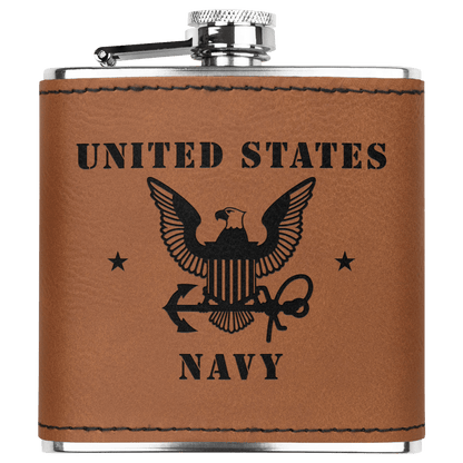 U.S. Navy 6oz Flask – Laser Engraved Stainless Steel Pocket Flask with Rawhide Leatherette Wrap - BullyBellyDrinkware