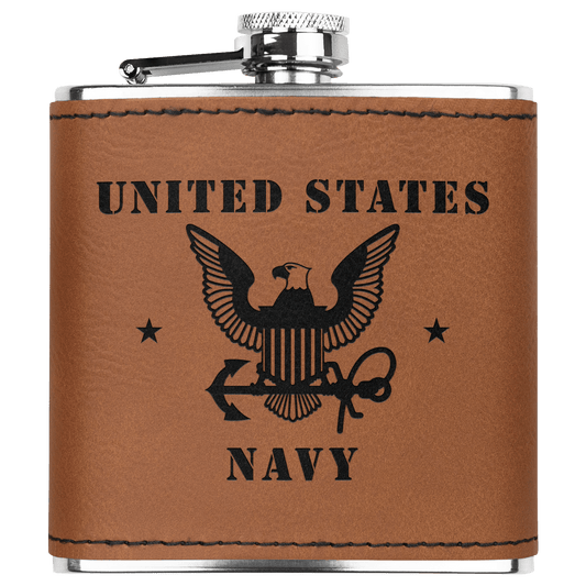 U.S. Navy 6oz Flask – Laser Engraved Stainless Steel Pocket Flask with Rawhide Leatherette Wrap - BullyBellyDrinkware