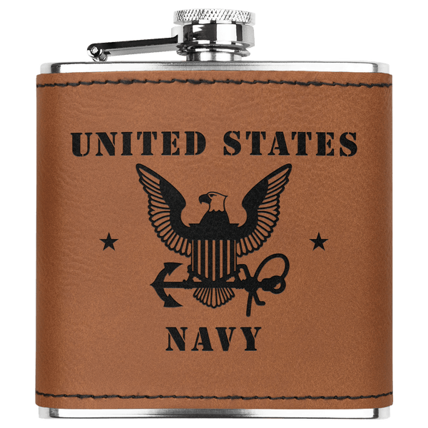 U.S. Navy Stainless Steel Pocket Flask with Rawhide Leatherette Wrap