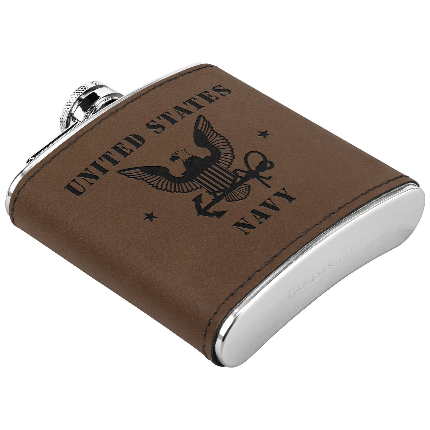 U.S. Navy 6oz Flask – Laser Engraved Stainless Steel Pocket Flask with Rawhide Leatherette Wrap - BullyBellyDrinkware
