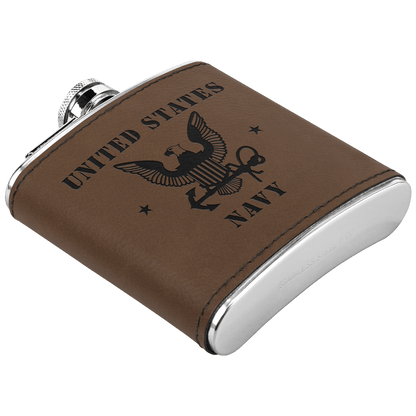 U.S. Navy 6oz Flask – Laser Engraved Stainless Steel Pocket Flask with Rawhide Leatherette Wrap - BullyBellyDrinkware