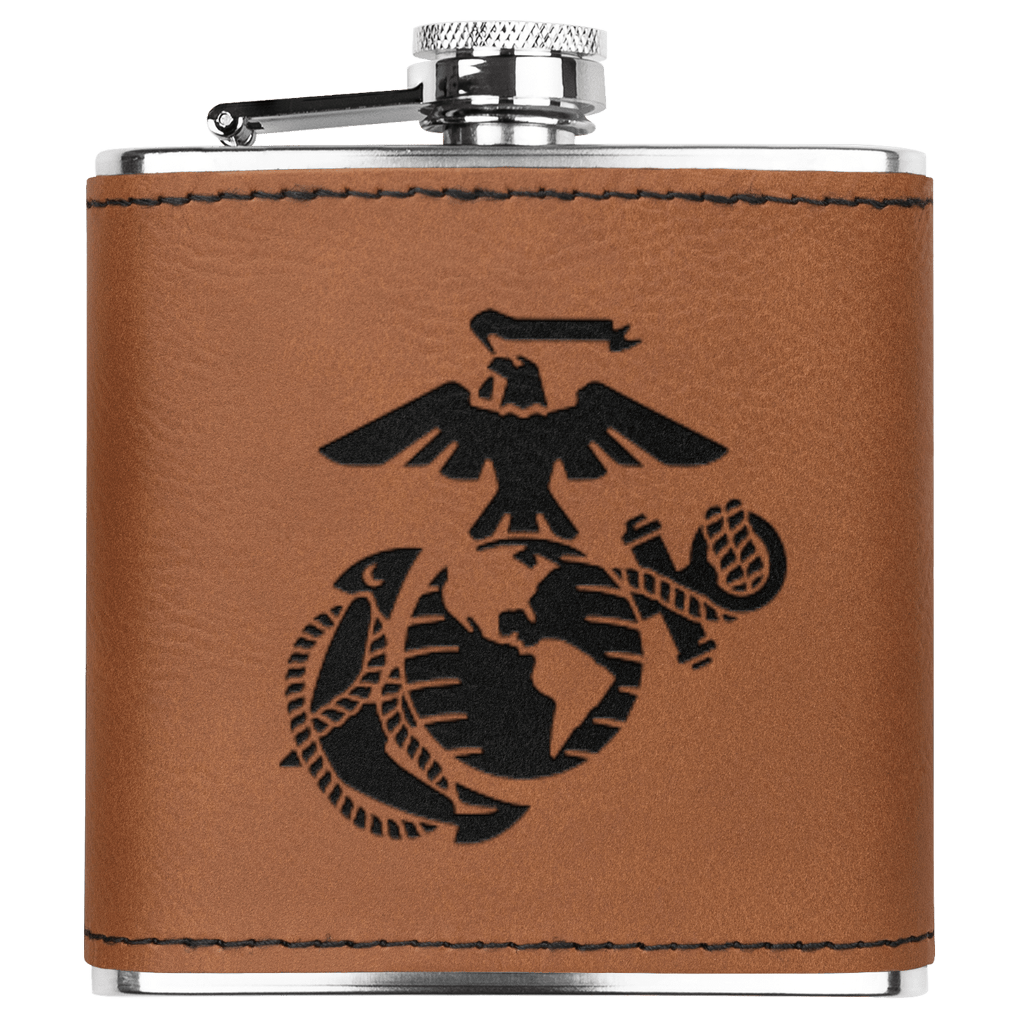 USMC Semper Fi 6oz Flask – Laser Engraved Stainless Steel Pocket Flask with Rawhide Leatherette Wrap - BullyBellyDrinkware