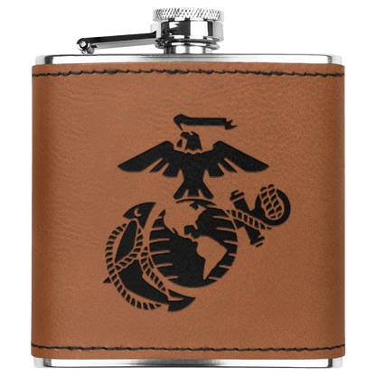 USMC Semper Fi 6oz Flask – Laser Engraved Stainless Steel Pocket Flask with Rawhide Leatherette Wrap - BullyBellyDrinkware