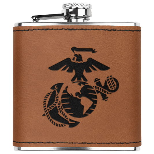 USMC Semper Fi 6oz Flask – Laser Engraved Stainless Steel Pocket Flask with Rawhide Leatherette Wrap - BullyBellyDrinkware