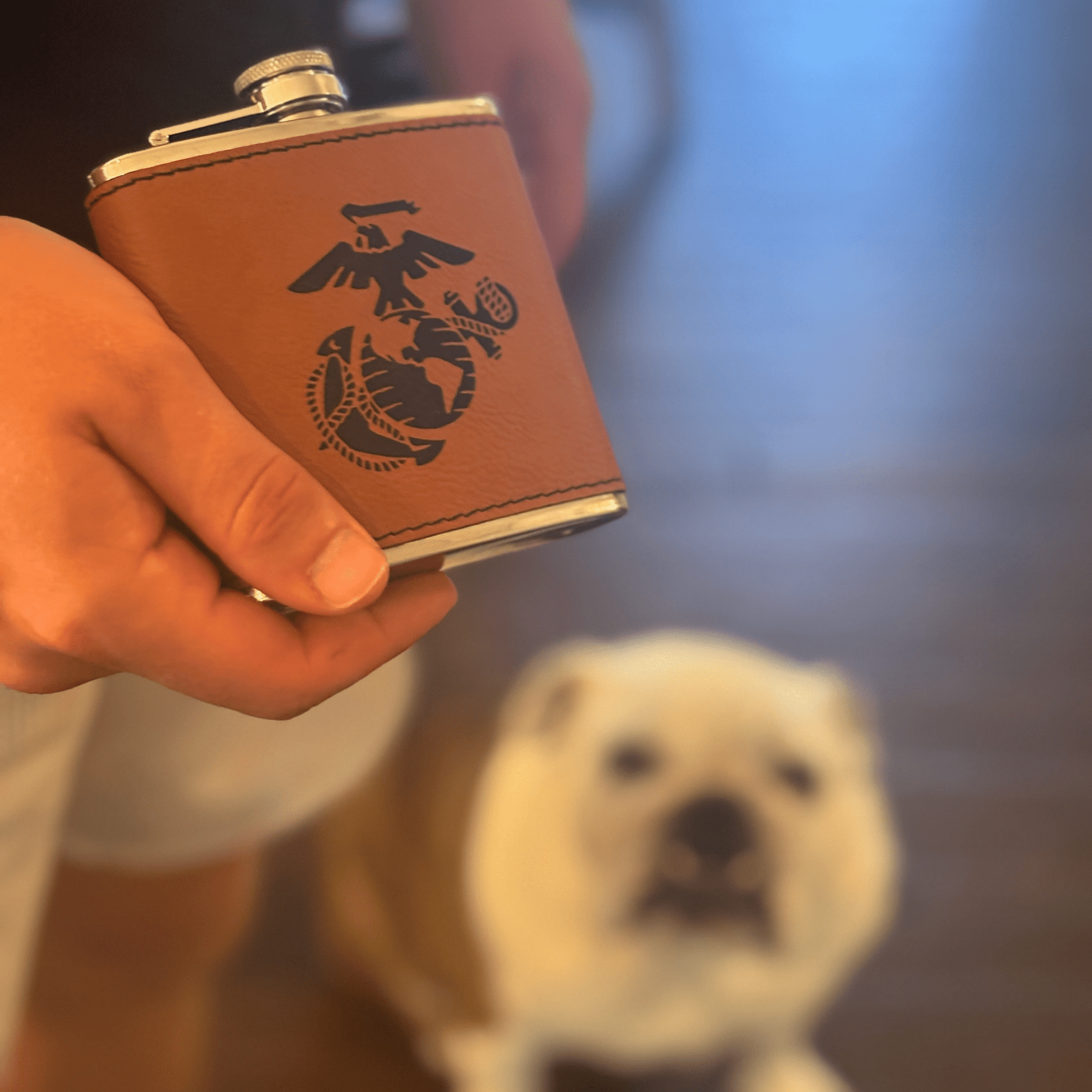 USMC Semper Fi 6oz Flask – Laser Engraved Stainless Steel Pocket Flask with Rawhide Leatherette Wrap - BullyBellyDrinkware