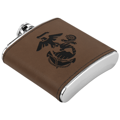 USMC Semper Fi 6oz Flask – Laser Engraved Stainless Steel Pocket Flask with Rawhide Leatherette Wrap - BullyBellyDrinkware