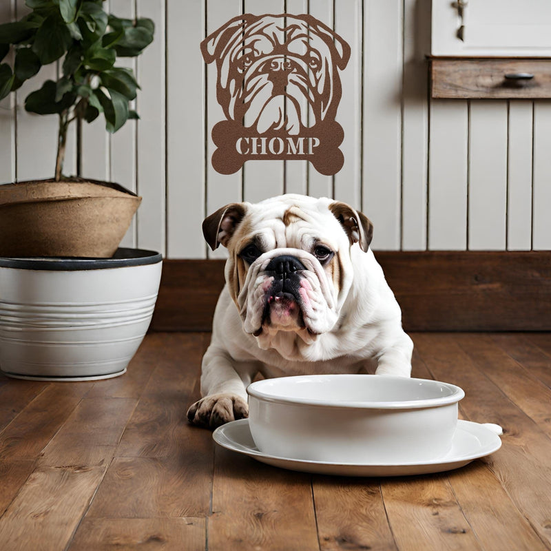 English Bulldog Bistro - Metal Food Bowl Sign - BullyBellyWall Art