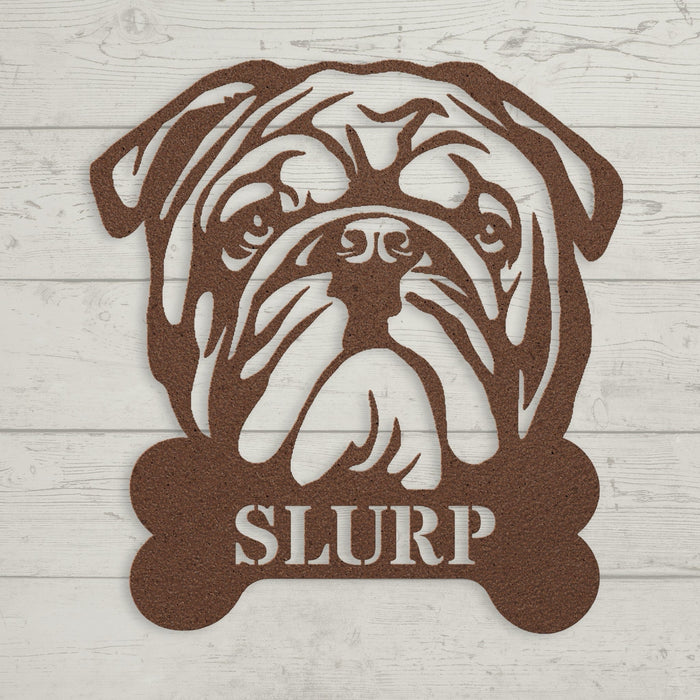 English Bulldog Bistro - Metal Water Bowl Sign - BullyBellyWall Art