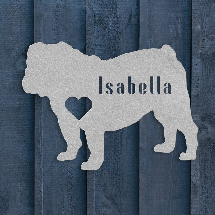 English Bulldog Heart and Name Metal Sign - BullyBellyWall Art