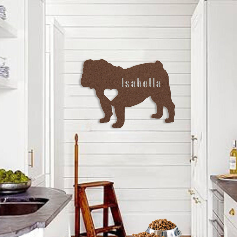 English Bulldog Heart and Name Metal Sign - BullyBellyWall Art