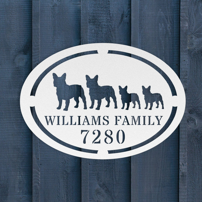 French Bulldog Family Name and House Number Metal Sign - BullyBellyWall Art