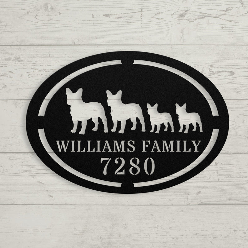 French Bulldog Family Name and House Number Metal Sign - BullyBellyWall Art