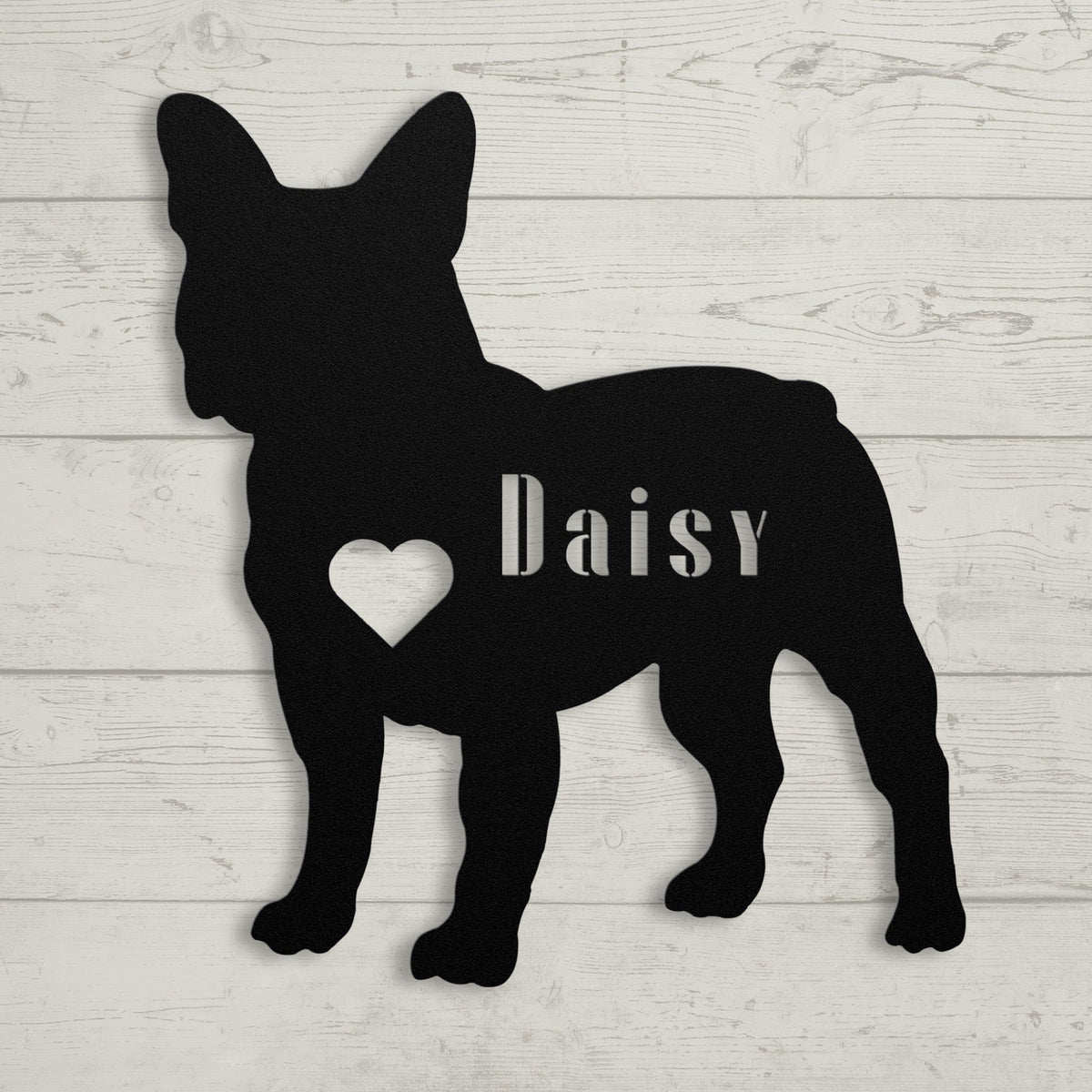 French Bulldog Heart and Name Metal Sign - BullyBellyWall ArtteelaunchMTS12BLACK