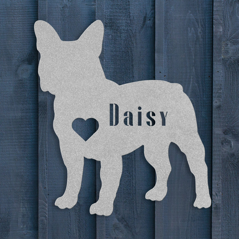 French Bulldog Heart and Name Metal Sign - BullyBellyWall ArtteelaunchMTS12SILVER