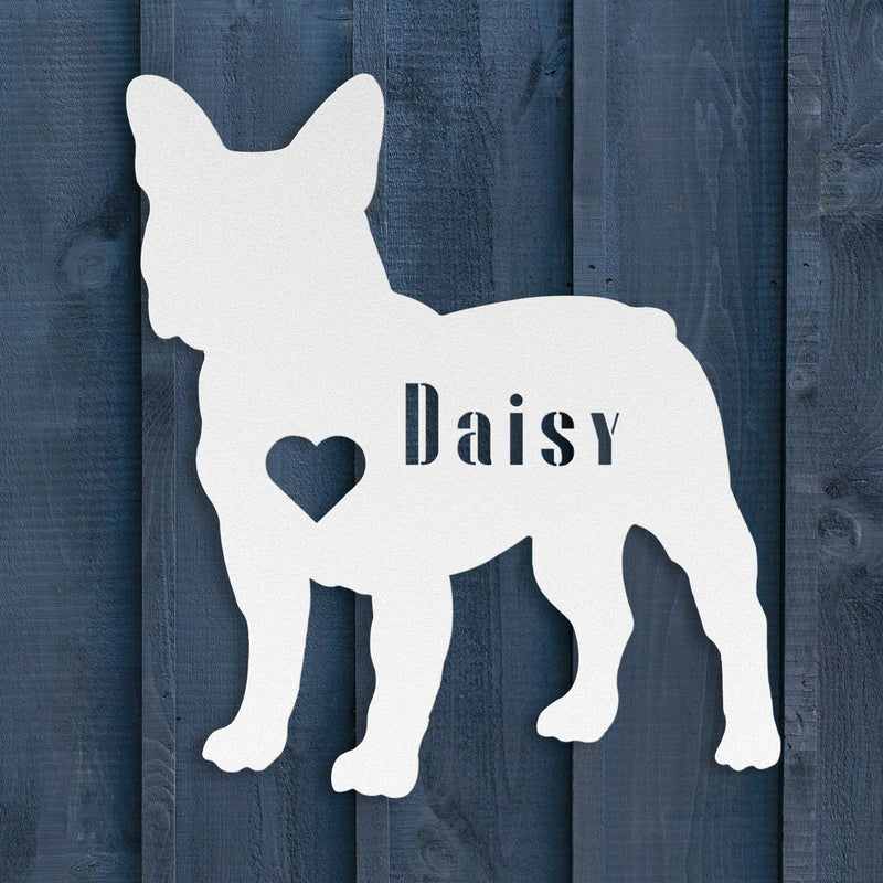 French Bulldog Heart and Name Metal Sign - BullyBellyWall ArtteelaunchMTS12WHITE
